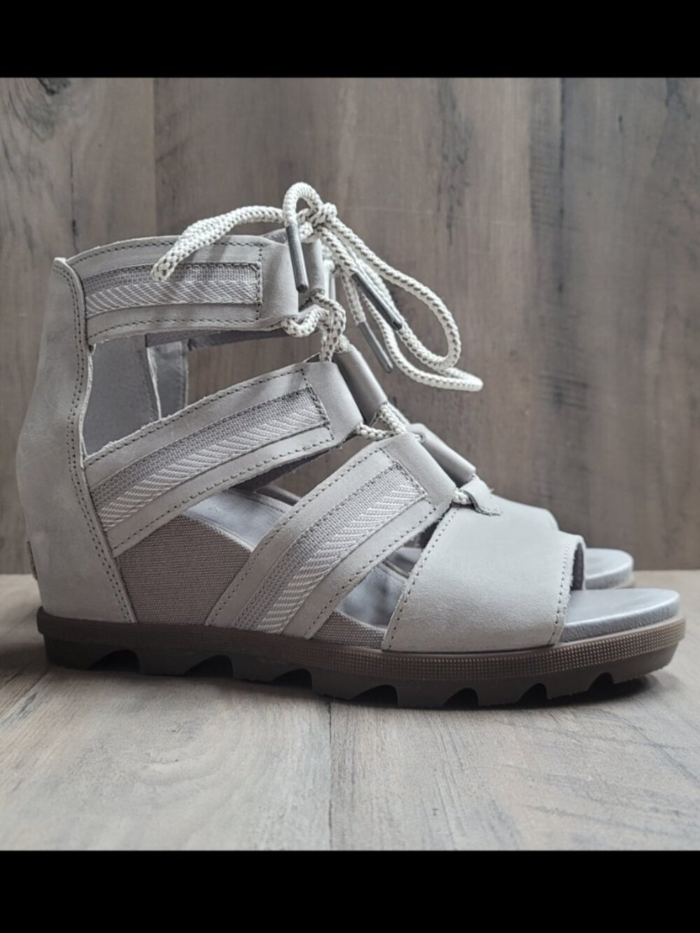 Sorel Joanie II Lace-up Leather Wedge Sandals Quarry Gray 10